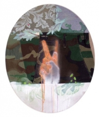 „Victory-A“, 2007, Acryl und Eitempera auf Leinwand, Uniform- und Dekostoff, 37 x 45 cm